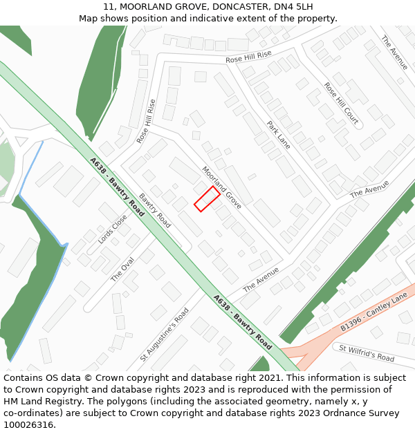 11, MOORLAND GROVE, DONCASTER, DN4 5LH: Location map and indicative extent of plot