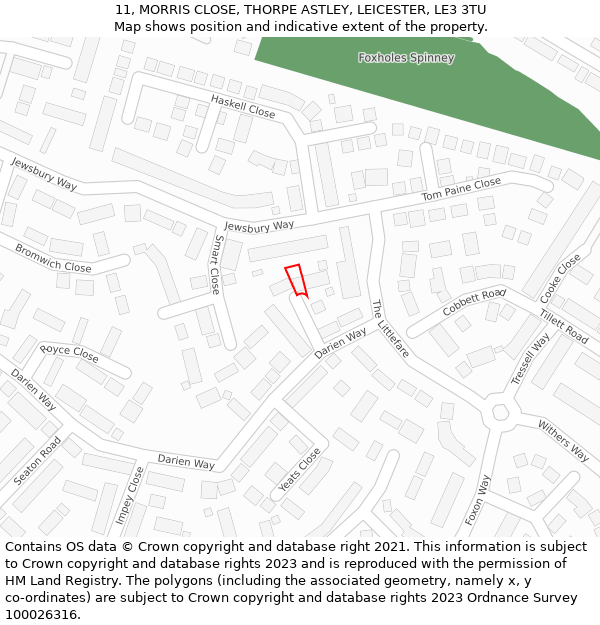 11, MORRIS CLOSE, THORPE ASTLEY, LEICESTER, LE3 3TU: Location map and indicative extent of plot