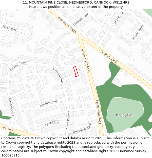 11, MOUNTAIN PINE CLOSE, HEDNESFORD, CANNOCK, WS12 4RS: Location map and indicative extent of plot