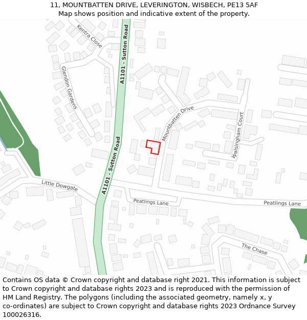 11, MOUNTBATTEN DRIVE, LEVERINGTON, WISBECH, PE13 5AF: Location map and indicative extent of plot