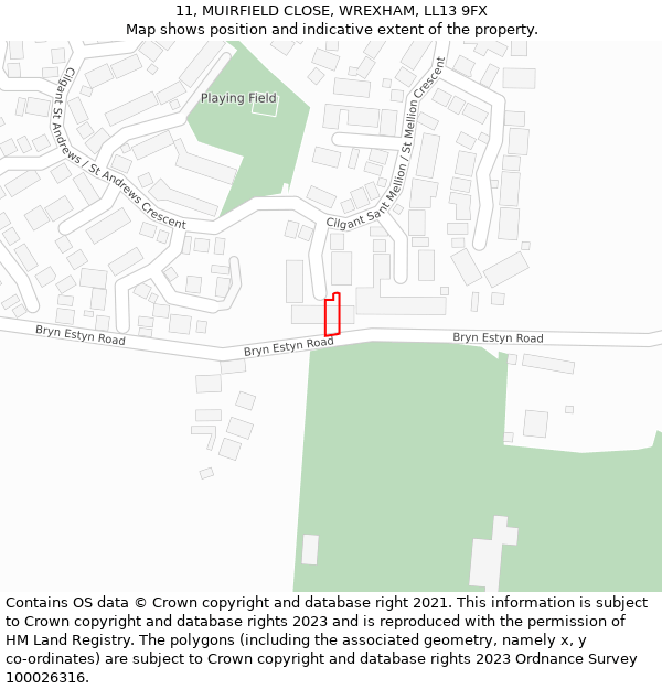 11, MUIRFIELD CLOSE, WREXHAM, LL13 9FX: Location map and indicative extent of plot
