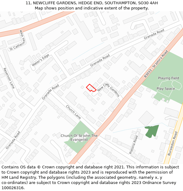 11, NEWCLIFFE GARDENS, HEDGE END, SOUTHAMPTON, SO30 4AH: Location map and indicative extent of plot