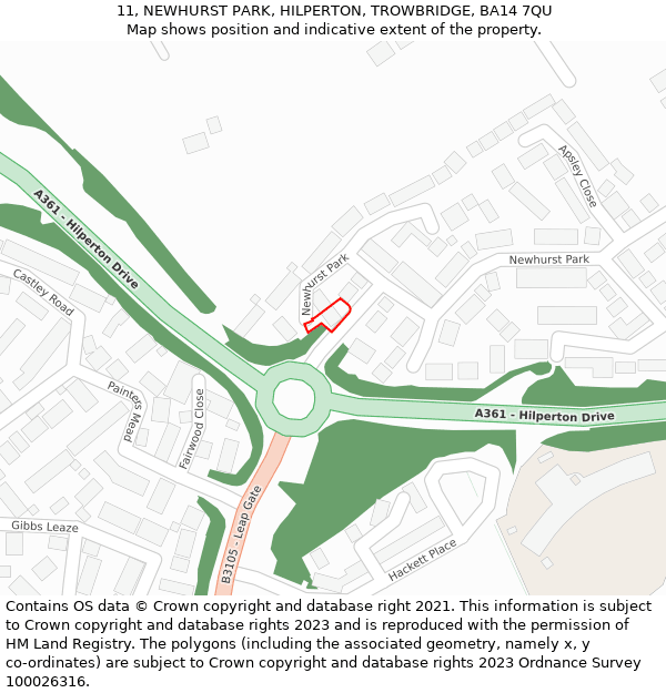 11, NEWHURST PARK, HILPERTON, TROWBRIDGE, BA14 7QU: Location map and indicative extent of plot