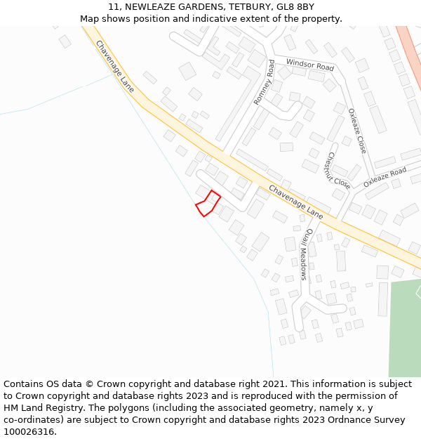 11, NEWLEAZE GARDENS, TETBURY, GL8 8BY: Location map and indicative extent of plot