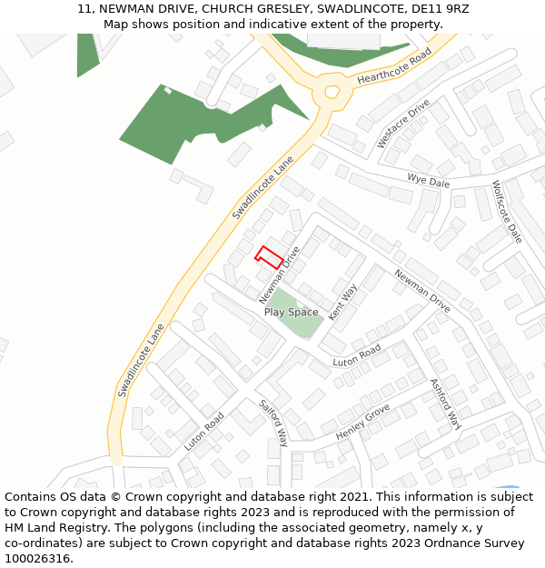11, NEWMAN DRIVE, CHURCH GRESLEY, SWADLINCOTE, DE11 9RZ: Location map and indicative extent of plot