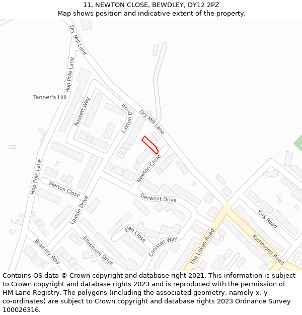 11, NEWTON CLOSE, BEWDLEY, DY12 2PZ: Location map and indicative extent of plot