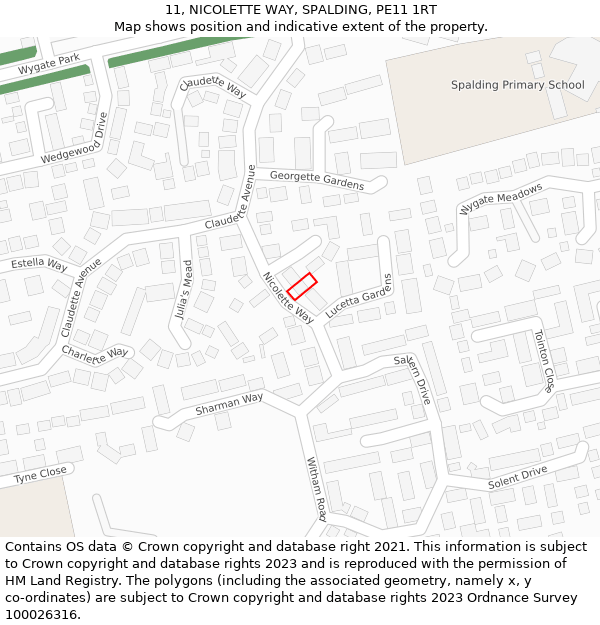 11, NICOLETTE WAY, SPALDING, PE11 1RT: Location map and indicative extent of plot