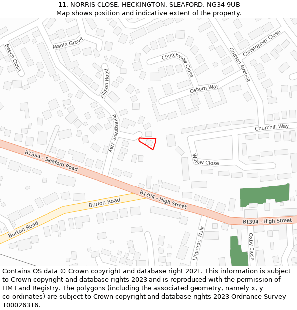 11, NORRIS CLOSE, HECKINGTON, SLEAFORD, NG34 9UB: Location map and indicative extent of plot