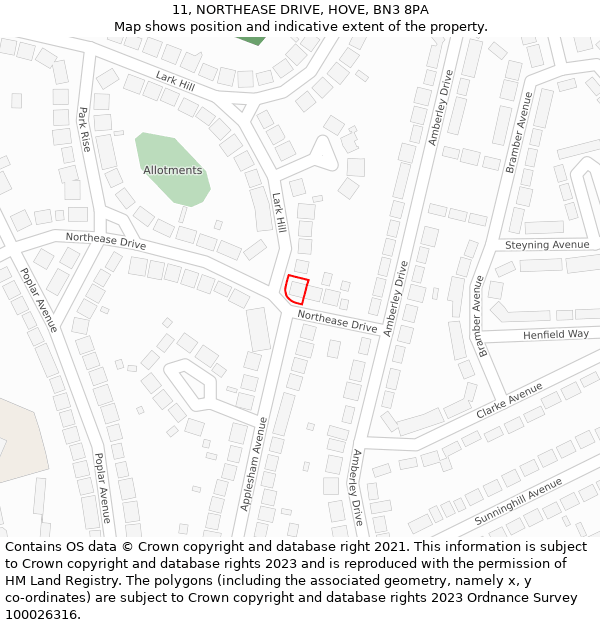 11, NORTHEASE DRIVE, HOVE, BN3 8PA: Location map and indicative extent of plot