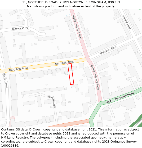 11, NORTHFIELD ROAD, KINGS NORTON, BIRMINGHAM, B30 1JD: Location map and indicative extent of plot