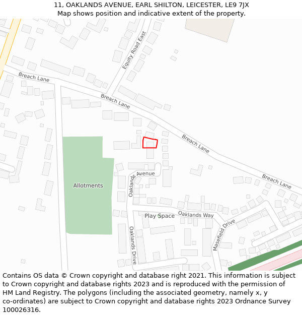 11, OAKLANDS AVENUE, EARL SHILTON, LEICESTER, LE9 7JX: Location map and indicative extent of plot