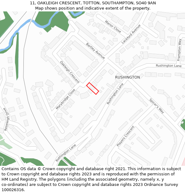 11, OAKLEIGH CRESCENT, TOTTON, SOUTHAMPTON, SO40 9AN: Location map and indicative extent of plot