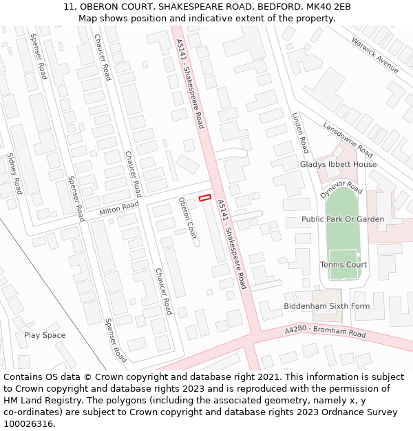 11, OBERON COURT, SHAKESPEARE ROAD, BEDFORD, MK40 2EB: Location map and indicative extent of plot