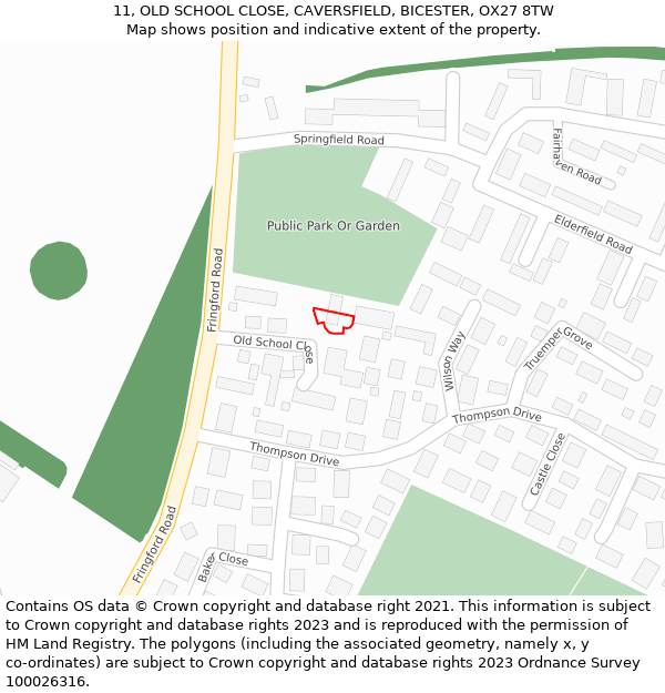 11, OLD SCHOOL CLOSE, CAVERSFIELD, BICESTER, OX27 8TW: Location map and indicative extent of plot