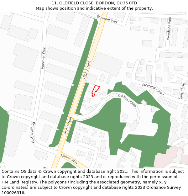 11, OLDFIELD CLOSE, BORDON, GU35 0FD: Location map and indicative extent of plot