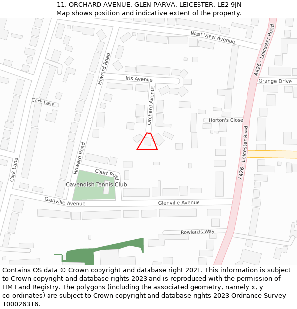 11, ORCHARD AVENUE, GLEN PARVA, LEICESTER, LE2 9JN: Location map and indicative extent of plot