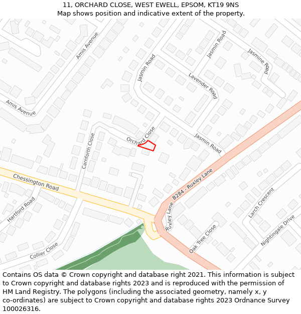 11, ORCHARD CLOSE, WEST EWELL, EPSOM, KT19 9NS: Location map and indicative extent of plot