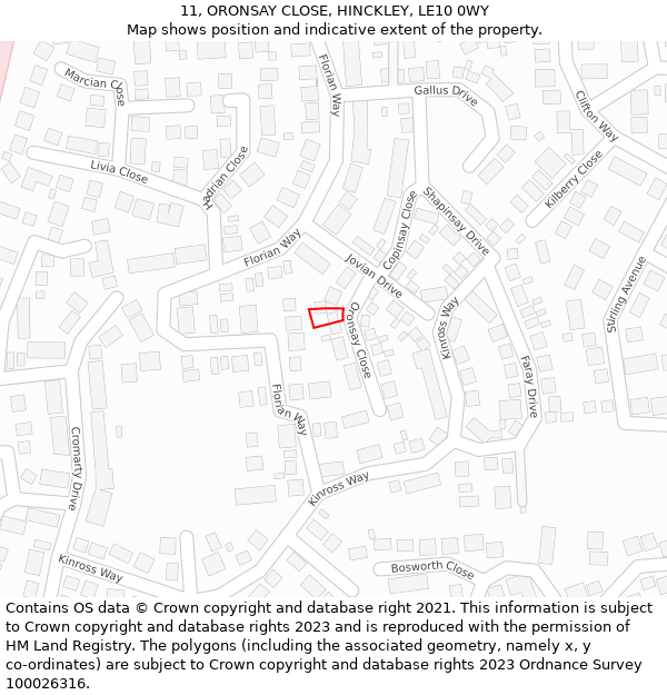 11, ORONSAY CLOSE, HINCKLEY, LE10 0WY: Location map and indicative extent of plot