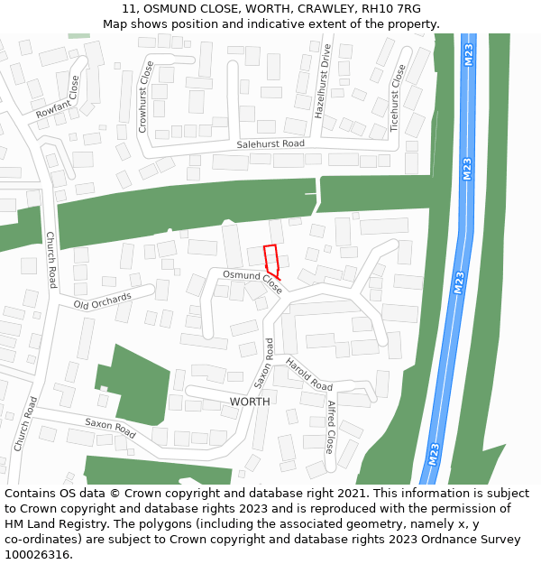 11, OSMUND CLOSE, WORTH, CRAWLEY, RH10 7RG: Location map and indicative extent of plot