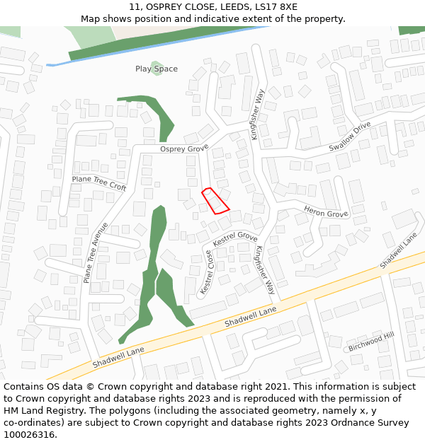 11, OSPREY CLOSE, LEEDS, LS17 8XE: Location map and indicative extent of plot
