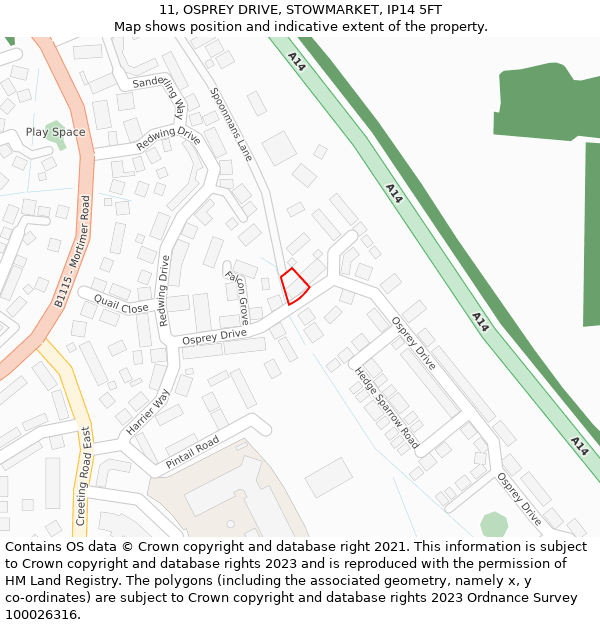 11, OSPREY DRIVE, STOWMARKET, IP14 5FT: Location map and indicative extent of plot