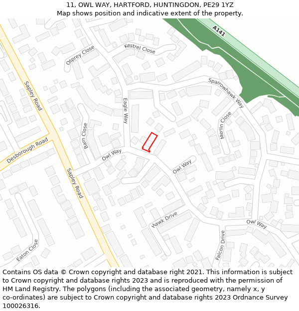 11, OWL WAY, HARTFORD, HUNTINGDON, PE29 1YZ: Location map and indicative extent of plot