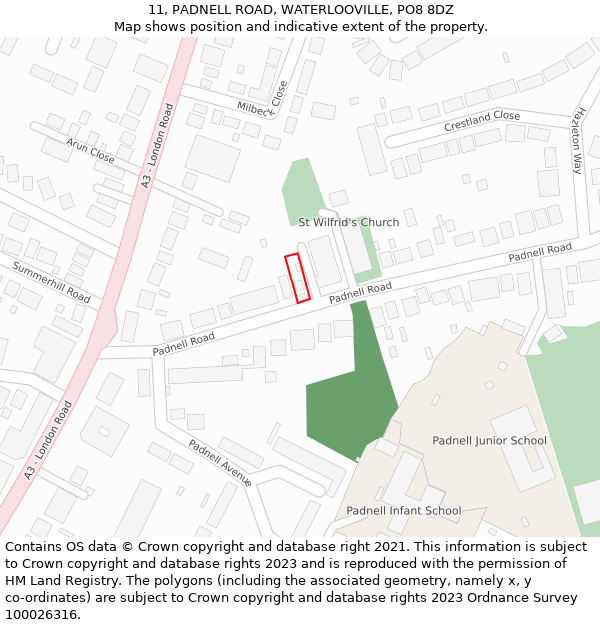 11, PADNELL ROAD, WATERLOOVILLE, PO8 8DZ: Location map and indicative extent of plot
