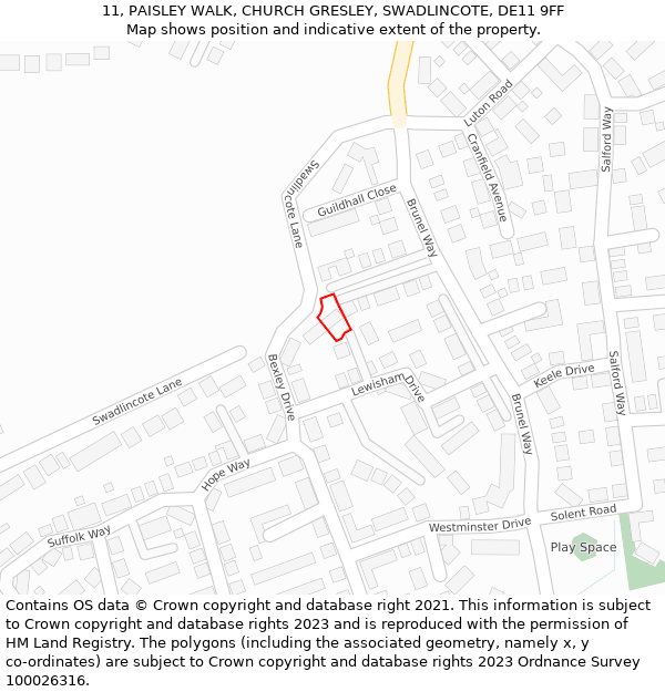 11, PAISLEY WALK, CHURCH GRESLEY, SWADLINCOTE, DE11 9FF: Location map and indicative extent of plot