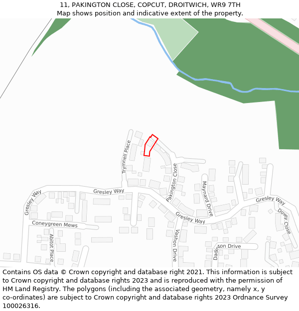 11, PAKINGTON CLOSE, COPCUT, DROITWICH, WR9 7TH: Location map and indicative extent of plot