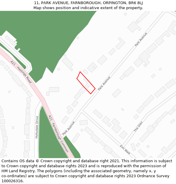 11, PARK AVENUE, FARNBOROUGH, ORPINGTON, BR6 8LJ: Location map and indicative extent of plot