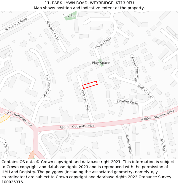 11, PARK LAWN ROAD, WEYBRIDGE, KT13 9EU: Location map and indicative extent of plot