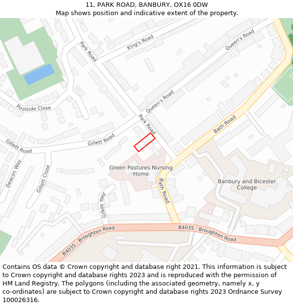 11, PARK ROAD, BANBURY, OX16 0DW: Location map and indicative extent of plot