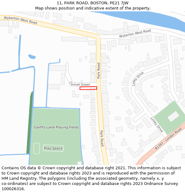 11, PARK ROAD, BOSTON, PE21 7JW: Location map and indicative extent of plot