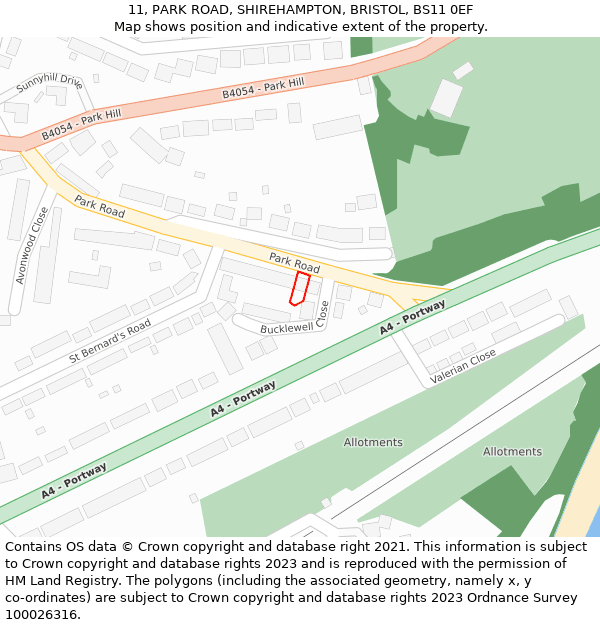 11, PARK ROAD, SHIREHAMPTON, BRISTOL, BS11 0EF: Location map and indicative extent of plot