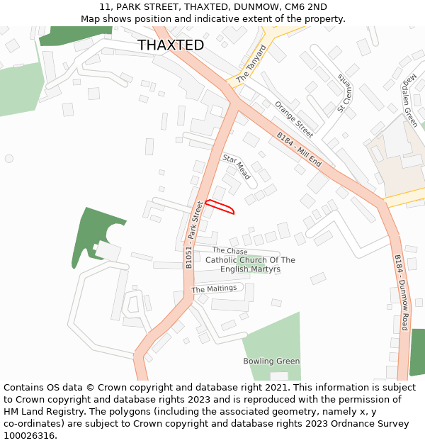 11, PARK STREET, THAXTED, DUNMOW, CM6 2ND: Location map and indicative extent of plot