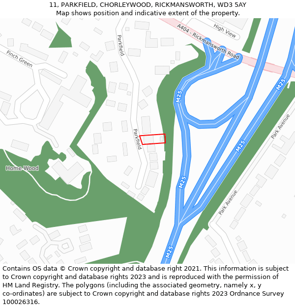 11, PARKFIELD, CHORLEYWOOD, RICKMANSWORTH, WD3 5AY: Location map and indicative extent of plot