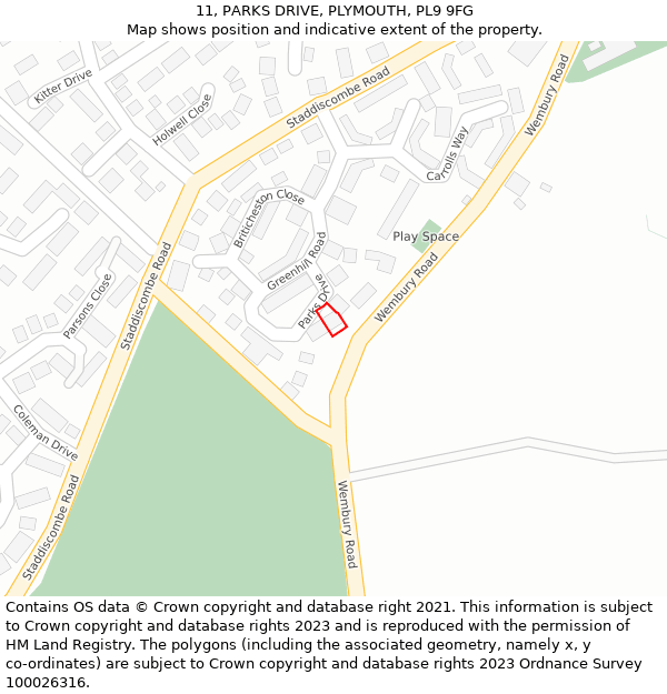 11, PARKS DRIVE, PLYMOUTH, PL9 9FG: Location map and indicative extent of plot