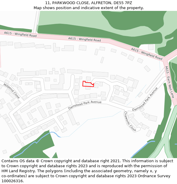 11, PARKWOOD CLOSE, ALFRETON, DE55 7PZ: Location map and indicative extent of plot