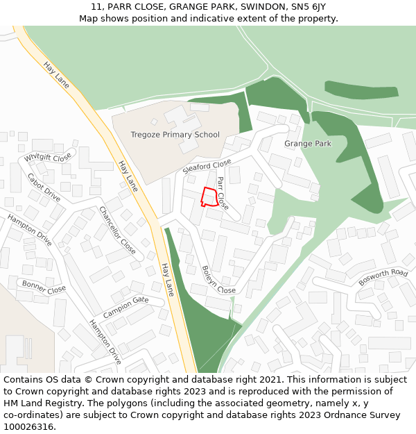 11, PARR CLOSE, GRANGE PARK, SWINDON, SN5 6JY: Location map and indicative extent of plot