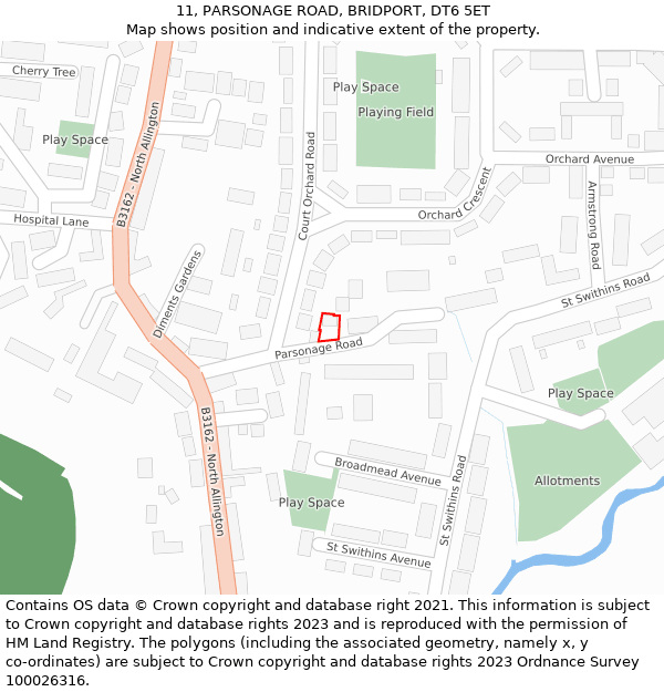 11, PARSONAGE ROAD, BRIDPORT, DT6 5ET: Location map and indicative extent of plot