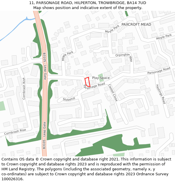 11, PARSONAGE ROAD, HILPERTON, TROWBRIDGE, BA14 7UD: Location map and indicative extent of plot