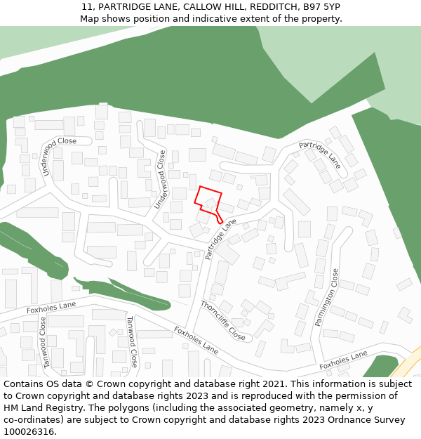 11, PARTRIDGE LANE, CALLOW HILL, REDDITCH, B97 5YP: Location map and indicative extent of plot