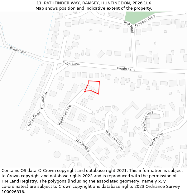 11, PATHFINDER WAY, RAMSEY, HUNTINGDON, PE26 1LX: Location map and indicative extent of plot