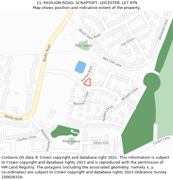 11, PAVILION ROAD, SCRAPTOFT, LEICESTER, LE7 9TN: Location map and indicative extent of plot