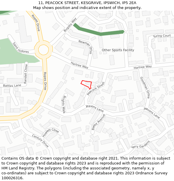 11, PEACOCK STREET, KESGRAVE, IPSWICH, IP5 2EA: Location map and indicative extent of plot