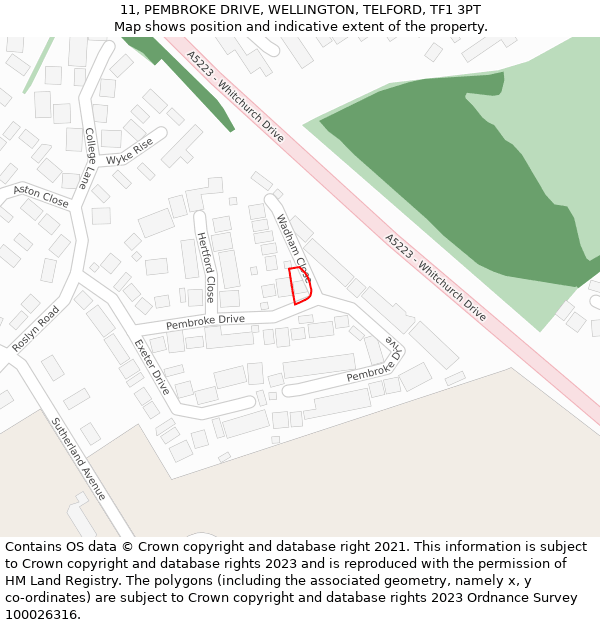 11, PEMBROKE DRIVE, WELLINGTON, TELFORD, TF1 3PT: Location map and indicative extent of plot