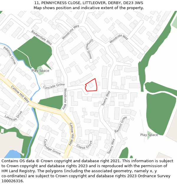 11, PENNYCRESS CLOSE, LITTLEOVER, DERBY, DE23 3WS: Location map and indicative extent of plot