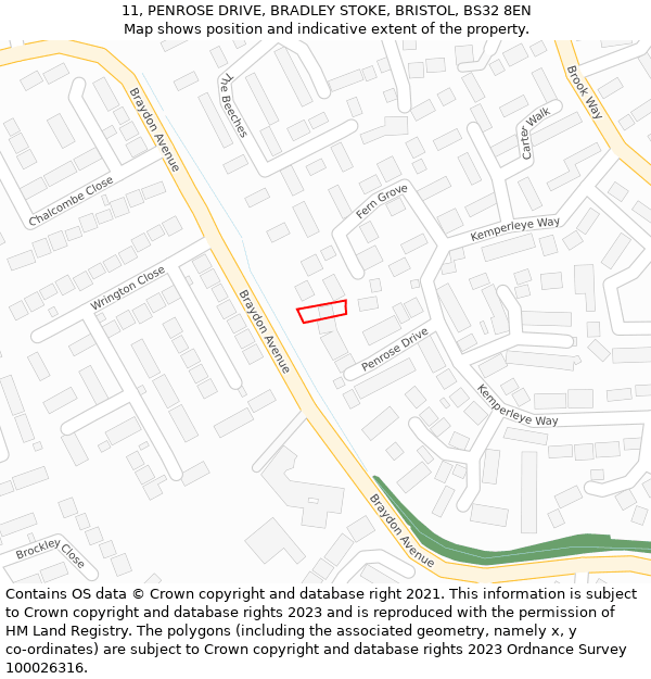 11, PENROSE DRIVE, BRADLEY STOKE, BRISTOL, BS32 8EN: Location map and indicative extent of plot