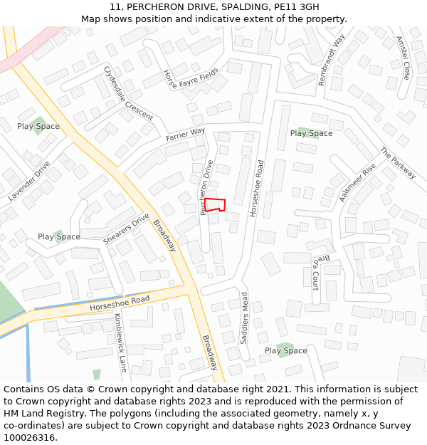 11, PERCHERON DRIVE, SPALDING, PE11 3GH: Location map and indicative extent of plot