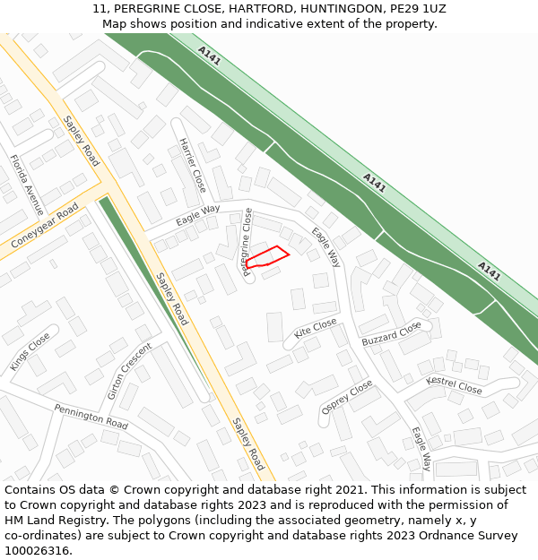 11, PEREGRINE CLOSE, HARTFORD, HUNTINGDON, PE29 1UZ: Location map and indicative extent of plot